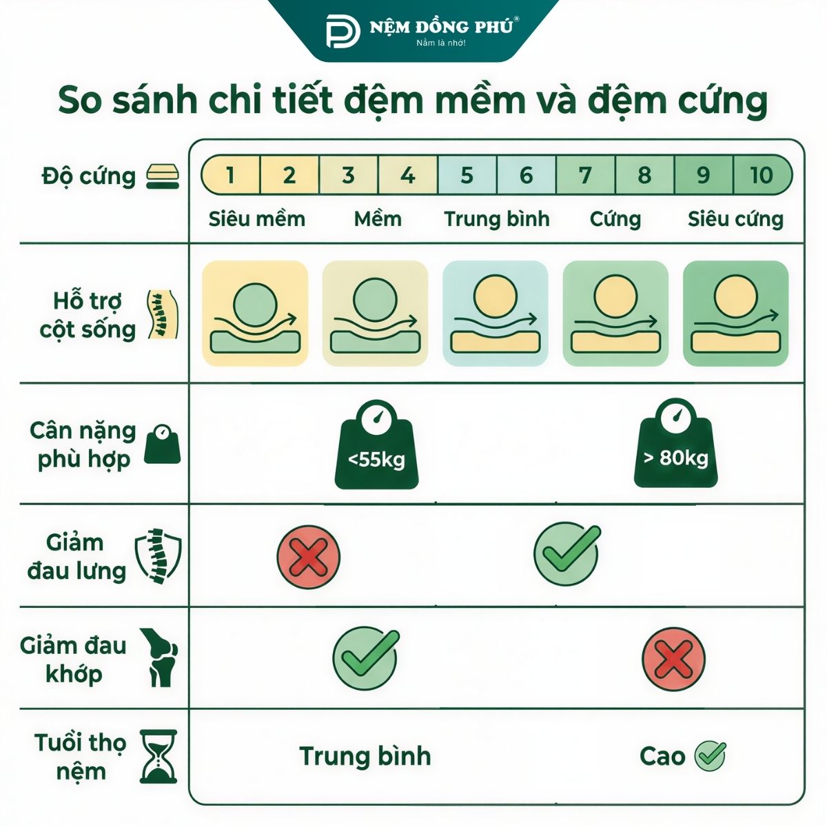 Bảng so sánh chi tiết ưu nhược điểm giữa đệm cứng và đệm mềm
