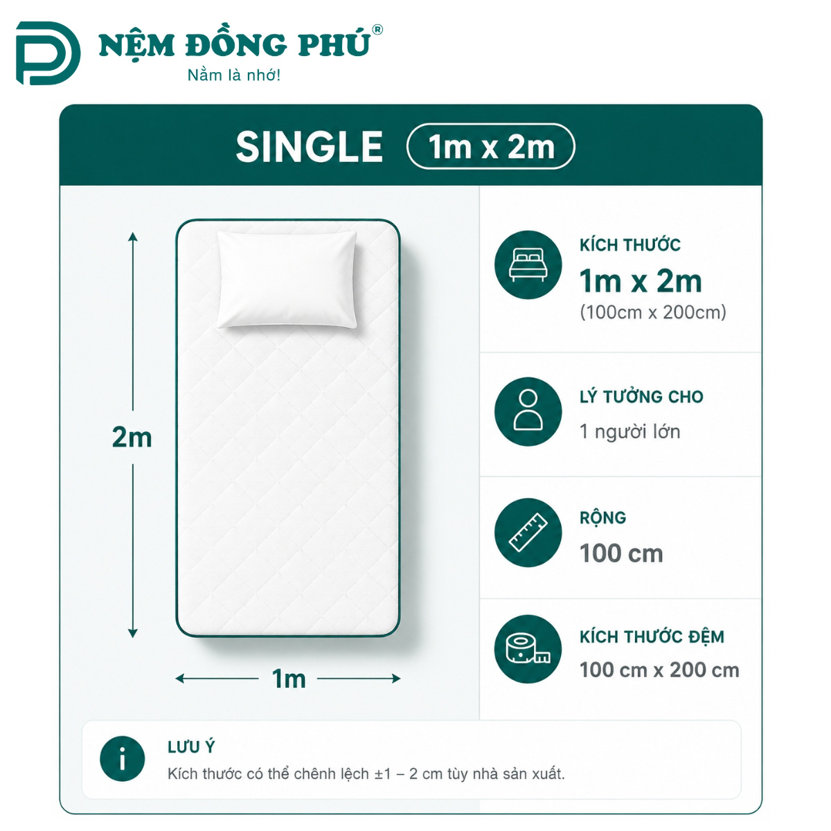 Kích thước đệm 1m x 2m