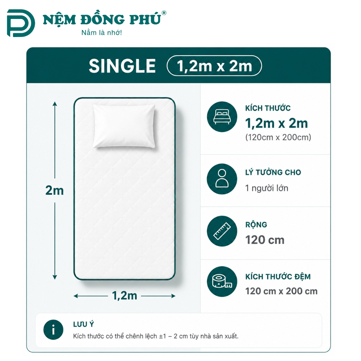Kích thước đệm 1m2 x 2m