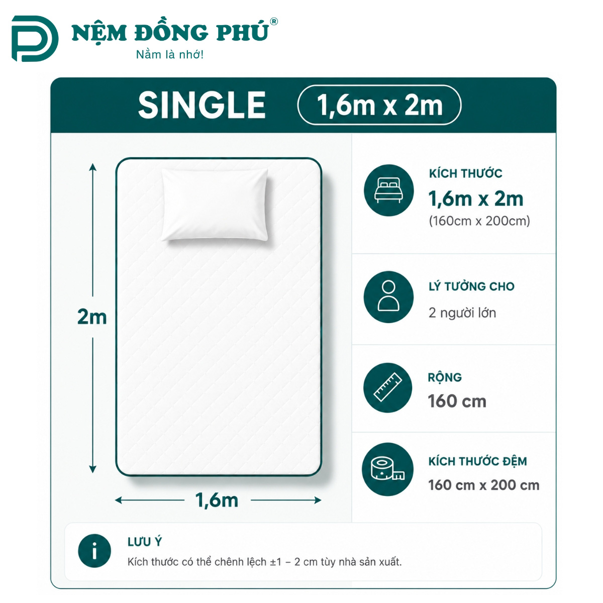 Kích thước đệm 1m6 x 2m